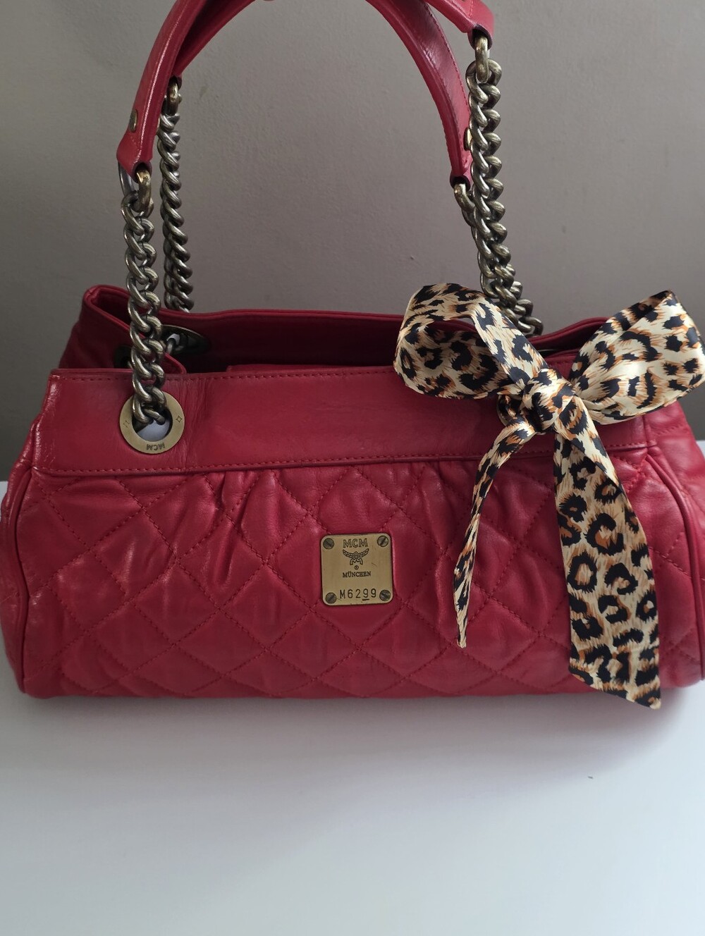 Rare MCM Red Quilted Shoulder Bag With Brass Hardware